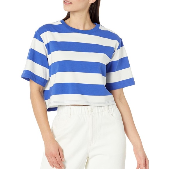 the drop Tops - The Drop Sydney Blue White Striped Crop Top Size L